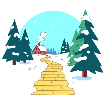 A yellow brick road is gently covered with a light layer of snow, creating a picturesque pathway through a winter wonderland. On either side of the road, tall evergreen trees are adorned with snow, their branches heavy and glistening. In the distance, a small cottage with a white chimney sends wisps of smoke into the crisp air, contrasting against the blue sky. Soft white snowflakes are falling gently, adding to the serene atmosphere of the scene.
