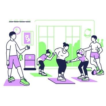 An athletic trainer with short hair is leading a small class in a modern gym. The trainer is dressed in a fitted athletic shirt and shorts, demonstrating the proper form for a burpee. In front of the trainer, a group of three participants are following along, performing the exercise on colorful gym mats. The gym is spacious with large windows allowing natural light to fill the room. On the walls, there are various fitness posters and a clock displaying the time. In the background, gym equipment such as weights and exercise bikes are visible.