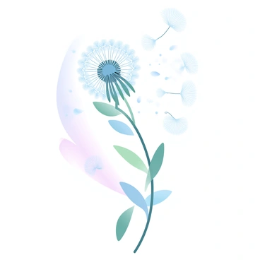 A tattoo design featuring a dandelion with its delicate seeds drifting away in the wind. Each seed is portrayed with intricate details, resembling scientific illustrations that showcase their unique structure. The dandelion is surrounded by a soft, gradient pastel background, enhancing the visual appeal of the tattoo. The seeds are scattered across the design, creating a sense of movement and lightness.