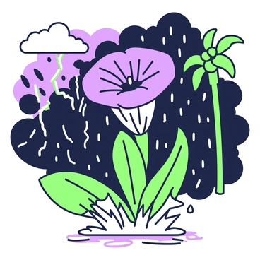 A "corpse flower" is standing tall amidst a fierce tropical storm. The flower is large and has distinct wrinkled petals. The background features dark, swirling clouds filled with rain, while strong winds bend nearby palm trees. Raindrops fall heavily around the flower, creating splashes in puddles on the ground. Lightning briefly illuminates the scene, casting dramatic shadows. The overall atmosphere captures the struggle of the flower against the forces of nature.