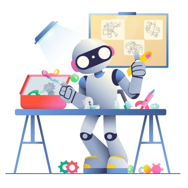 A quirky robot character with a shiny silver body and oversized round eyes is standing at a cluttered workbench. The robot has multiple articulated arms, each holding different tools like a wrench, a screwdriver, and a pair of pliers. Scattered around the workbench are various gears, bolts, and nuts in vibrant colors, alongside an open toolbox with a red lid. In the background, a small blue light is glowing from a nearby wall, casting a soft illumination over the scene. A few sketches of mechanical designs are pinned on a corkboard above the workbench.