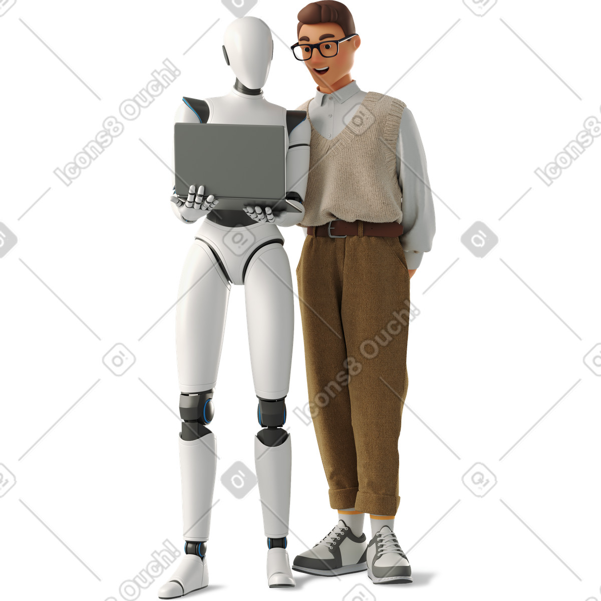 Ilustración Office worker and humanoid robot working on laptop en estilo 3D Business a descargar en PNG y SVG