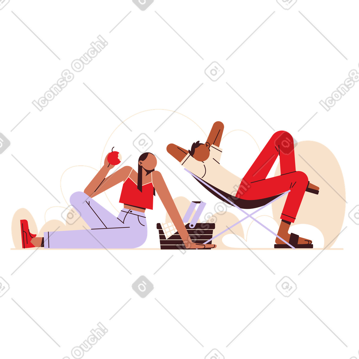 Ilustração de Couple relaxing on picnic blanket, Outdoor leisure and rest em no estilo Folks para baixar em PNG, SVG