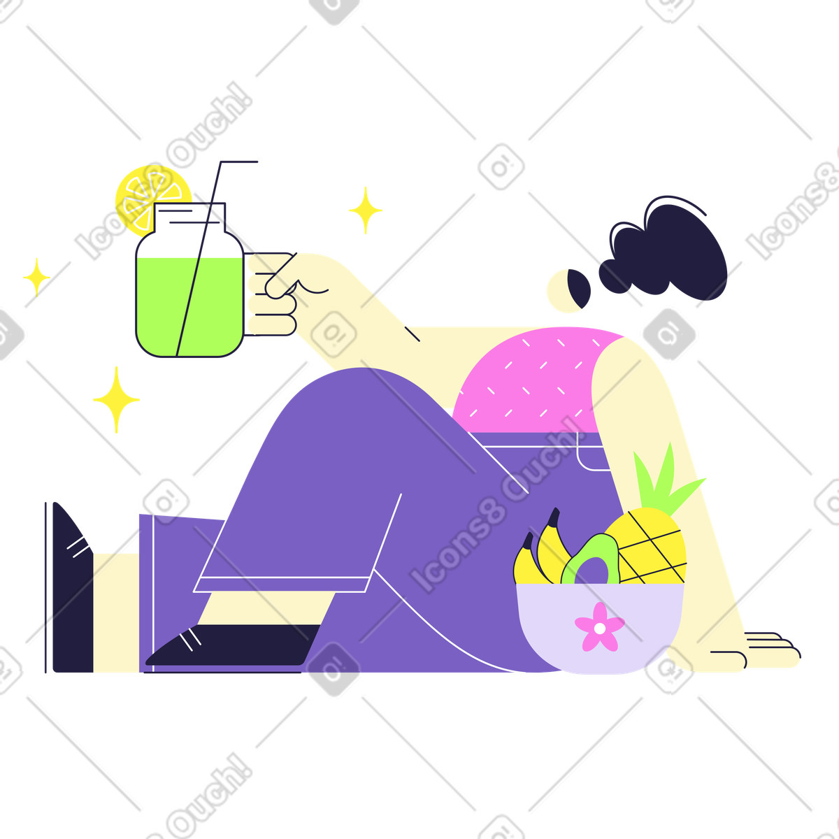 Illustration Femme assise avec un verre de smoothie près d'un bol fruits dans le style Mellow à télécharger aux formats PNG, SVG