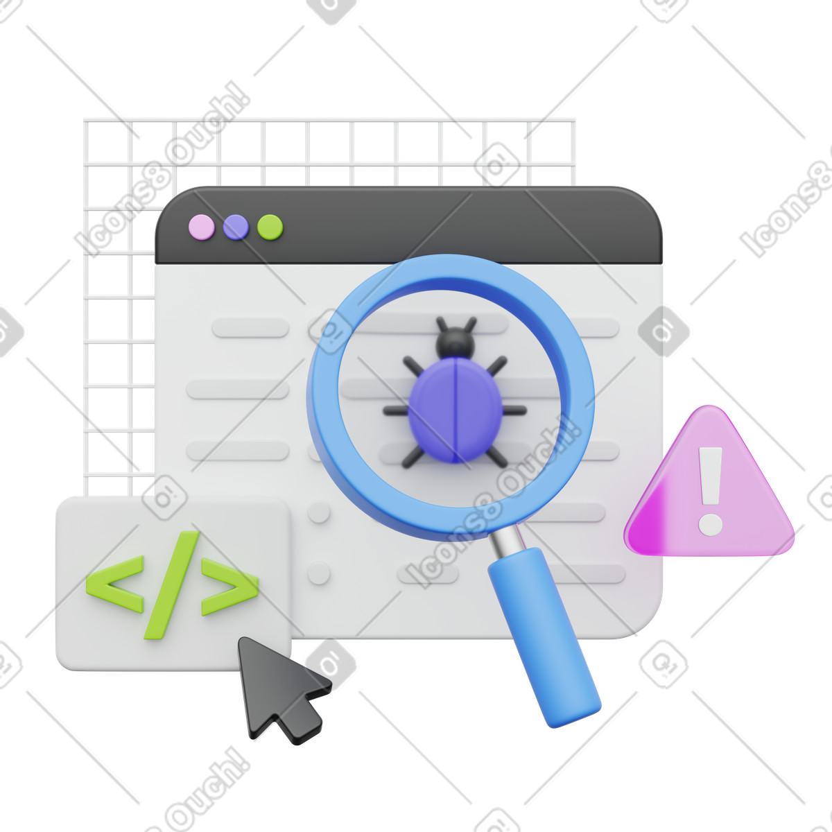 Code debugging, Bug detection, Software testing illustration in PNG, SVG