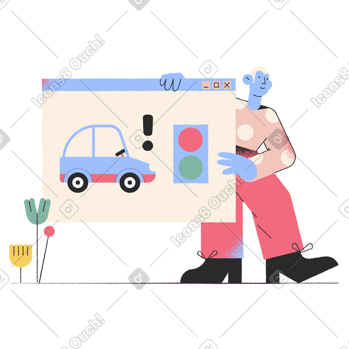 Illustration Homme enseignant le code de la route et les règles circulation dans style Pablo à télécharger aux formats PNG, SVG