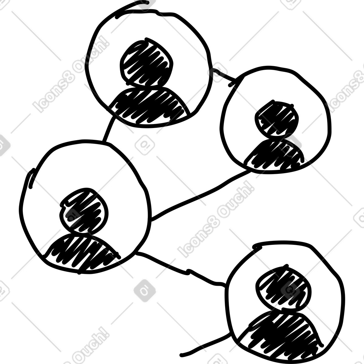 Rough Sketch スタイルの Linked team avatar circles for communication within organizational network のイラストをPNG、SVG形式でダウンロード
