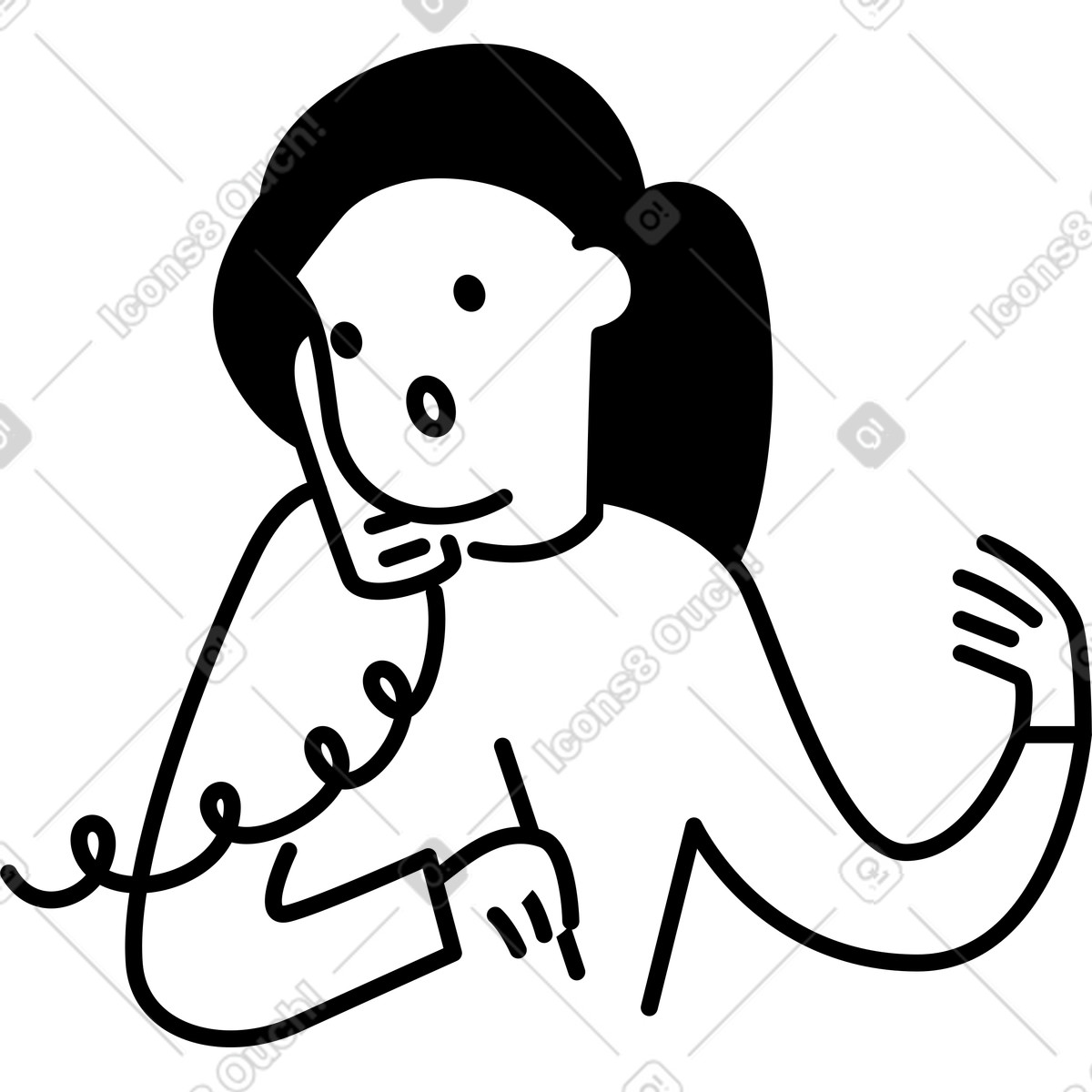 Illustration Telephone handset conversation with surprised caller and gesturing arm raised dans le style Notion Line Art à télécharger aux formats PNG, SVG
