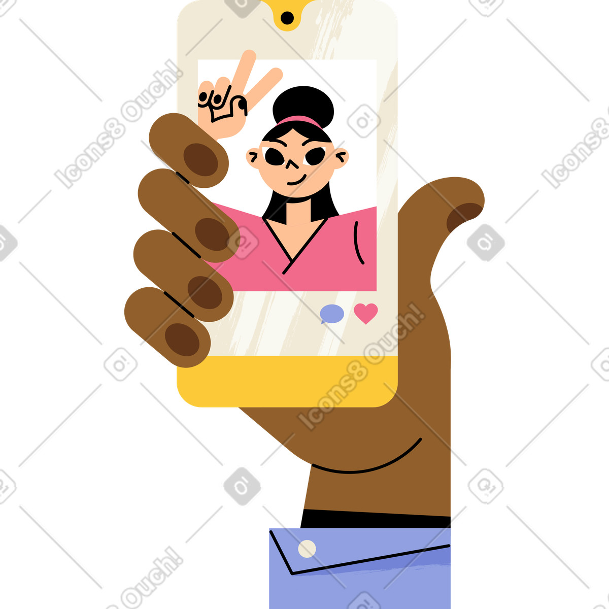 Juicy スタイルの 女性の写真が入った携帯電話を持つ手 のアニメーションイラストをGIF、Lottie (JSON)、AEでダウンロード