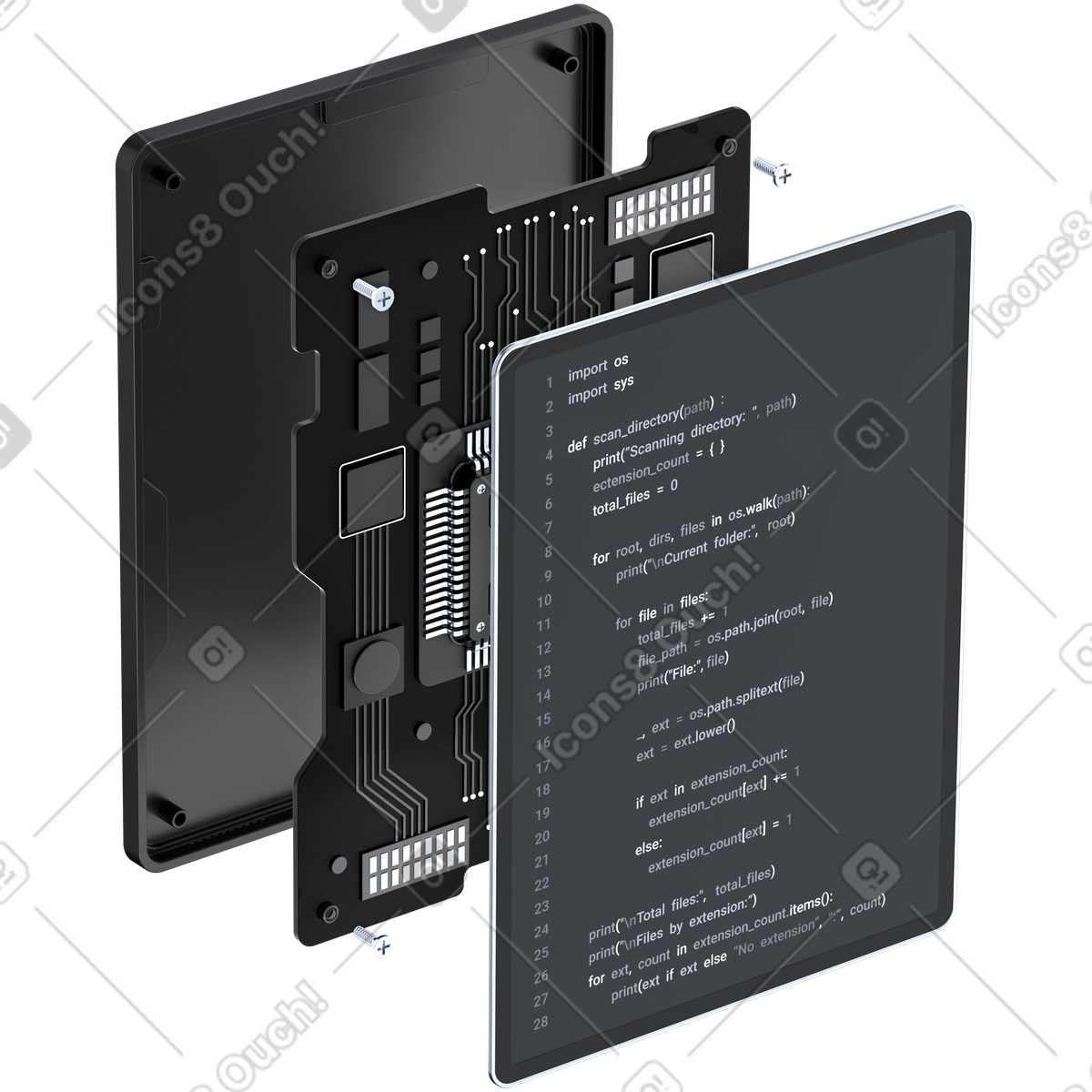 Tablet circuit board showing Python code overlay for embedded software development-Illustration im 3D Pro-Stil als Download in PNG, SVG