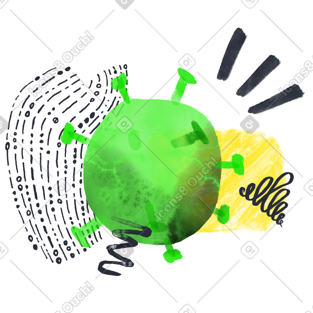 Molecola verde covid-19 che diffonde il virus illustrazione in stile Inky scarica in PNG, SVG