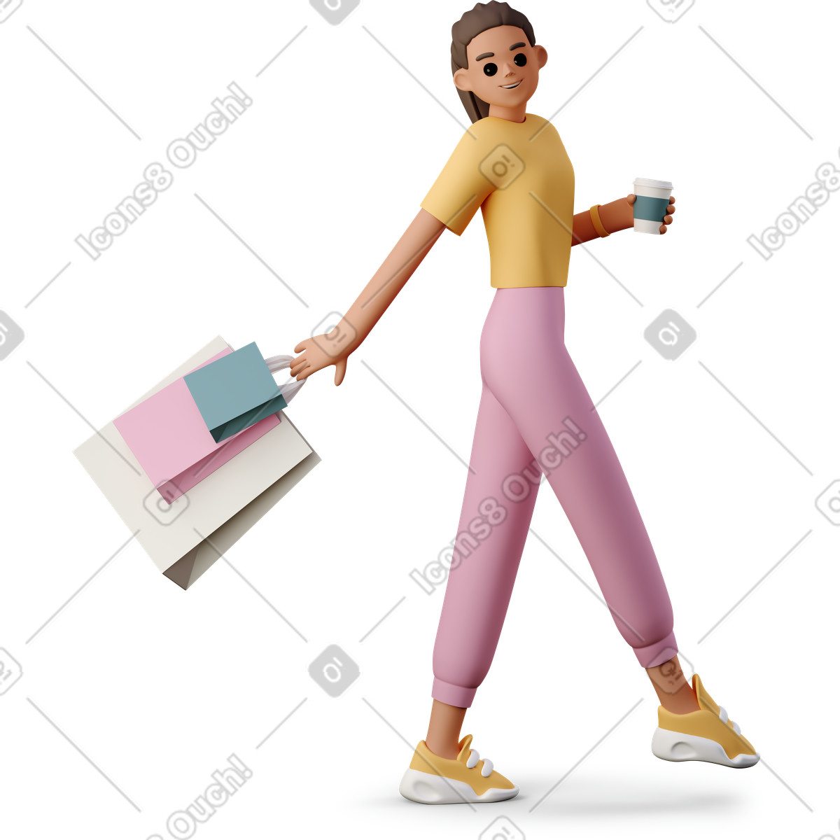 3D Casual life 스타일의 Girl with shopping bags 일러스트레이션 PNG, SVG 다운로드