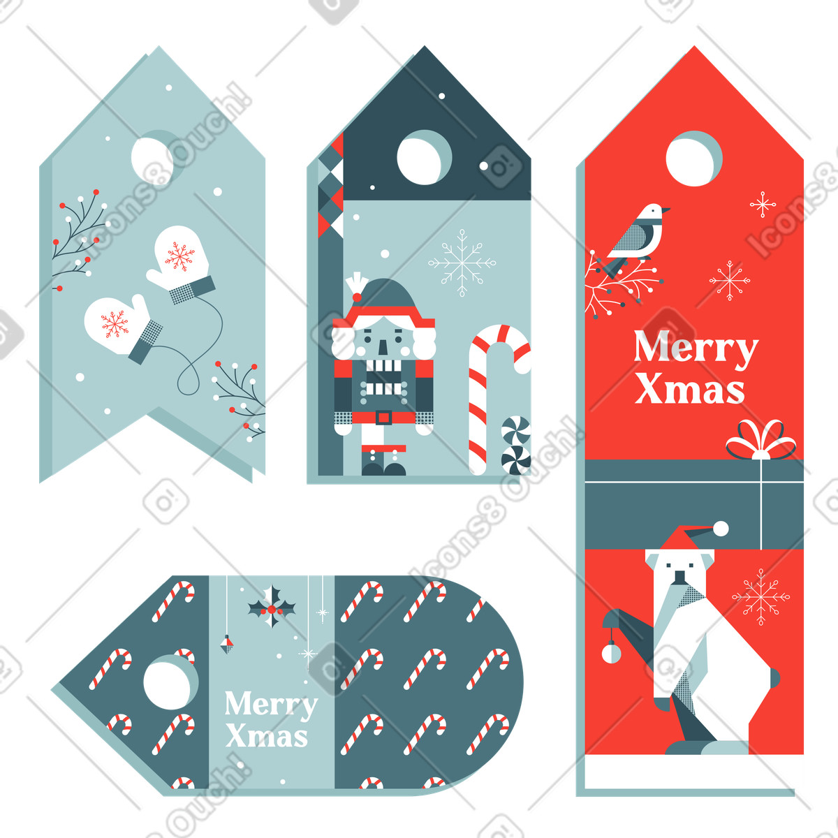 Merry Xmas tags with holiday items illustration in Nordic style download in PNG, SVG