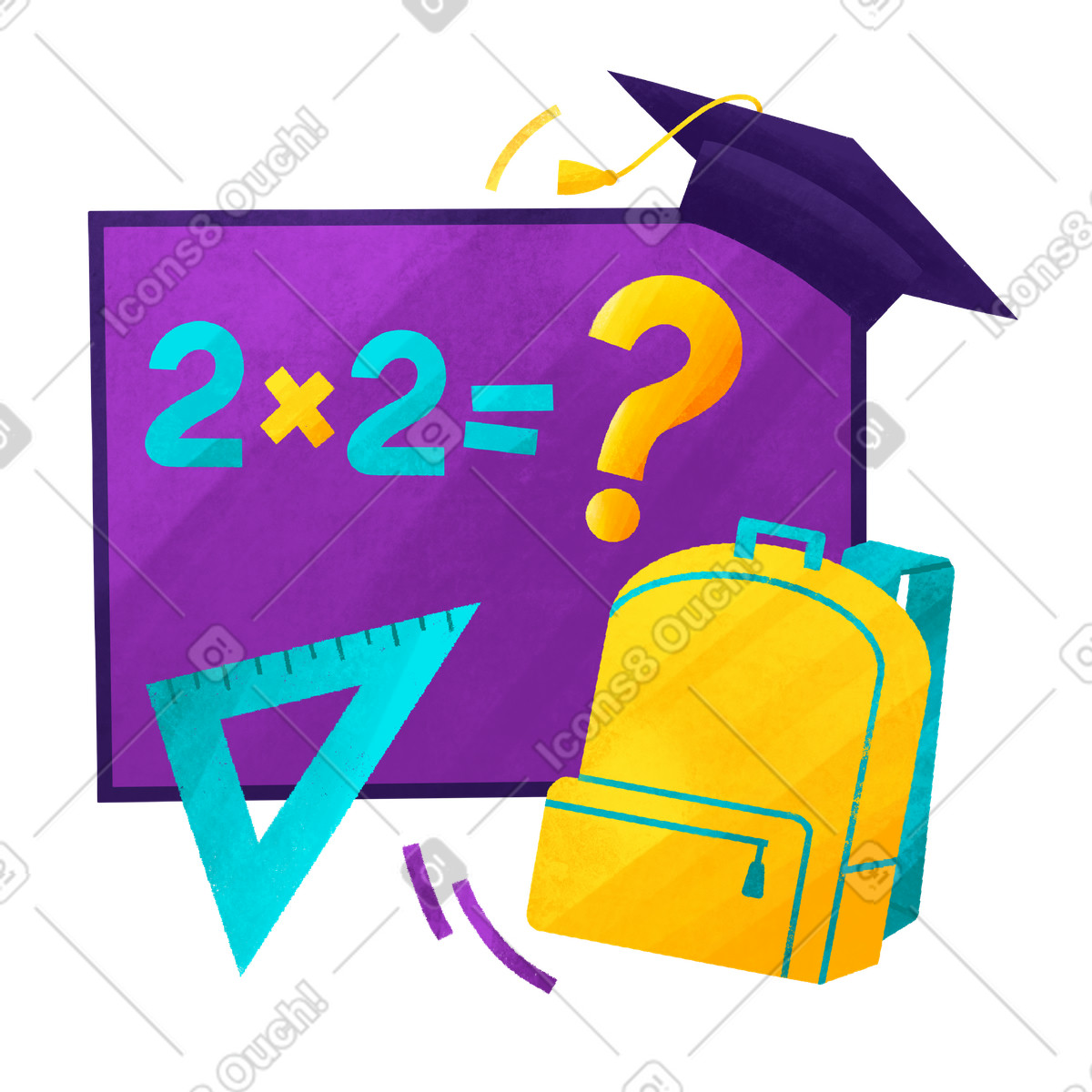 Illustration Blackboard with math equation and school supplies, Classroom setting or back to dans le style Bonbon à télécharger aux formats PNG, SVG