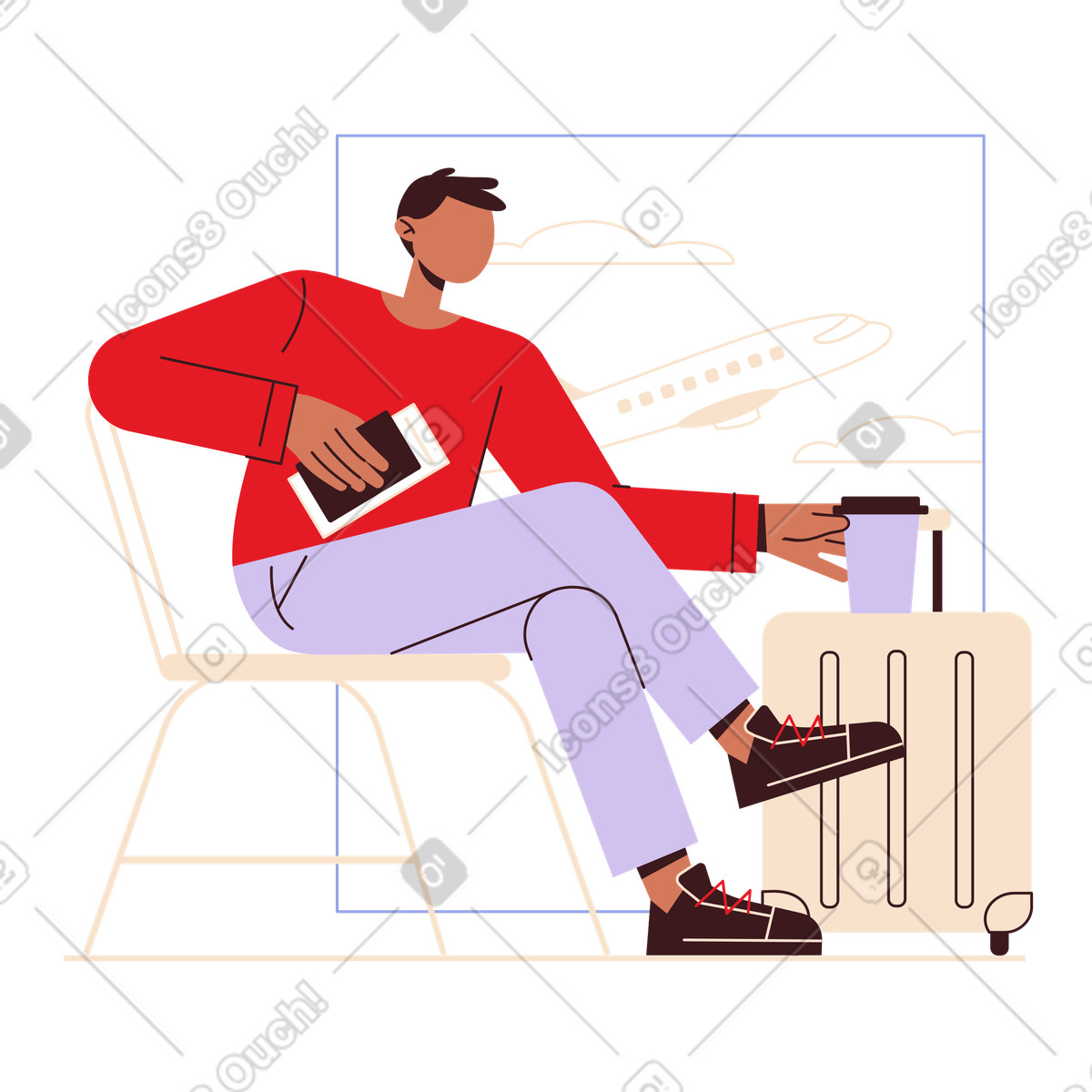 Passenger relaxing with coffee illustration airport clipart image in PNG