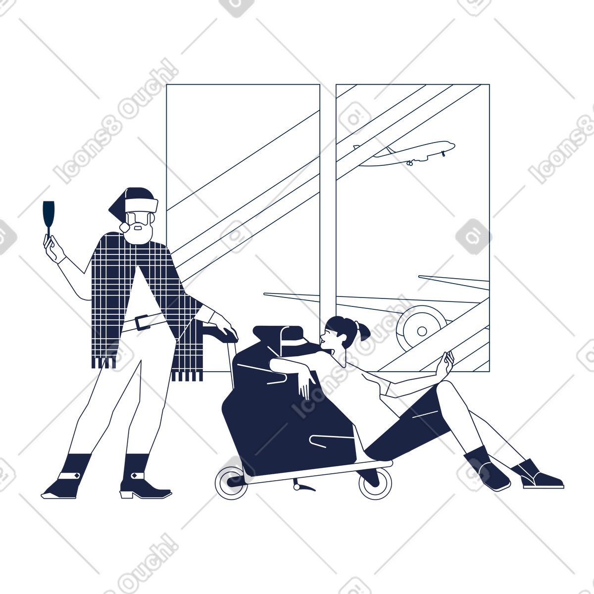 Santa and companion relaxing in airport lounge, Winter holiday trip illustrazione stile Urban Line scarica PNG, SVG