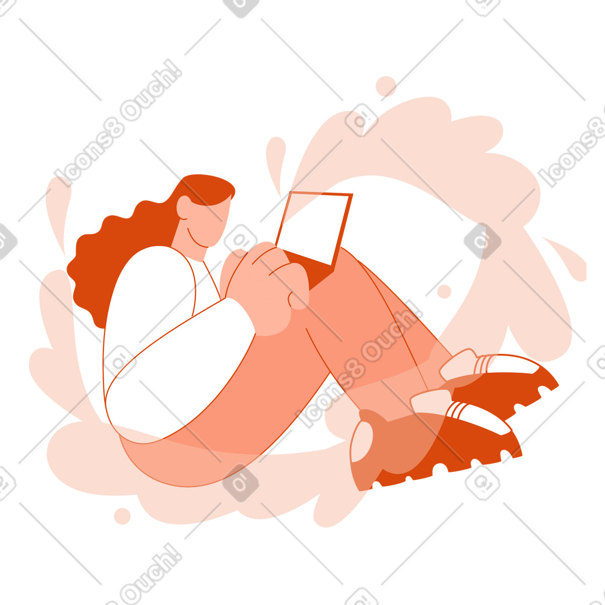 Relaxed person using laptop, online education or digital workspace illustration in Orange style download in PNG, SVG