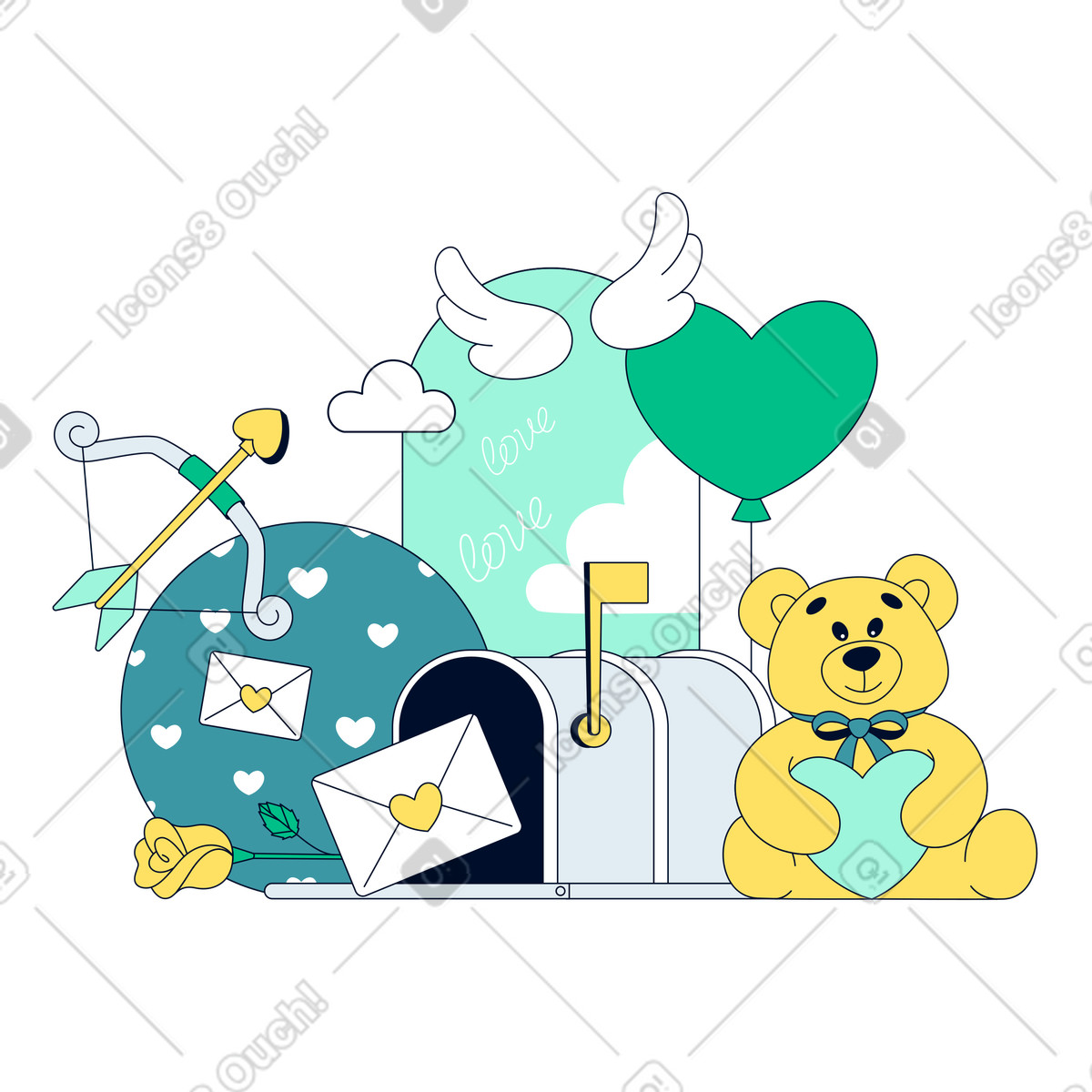 Valentine's Day mailbox and teddy bear illustration in Teal style download in PNG, SVG