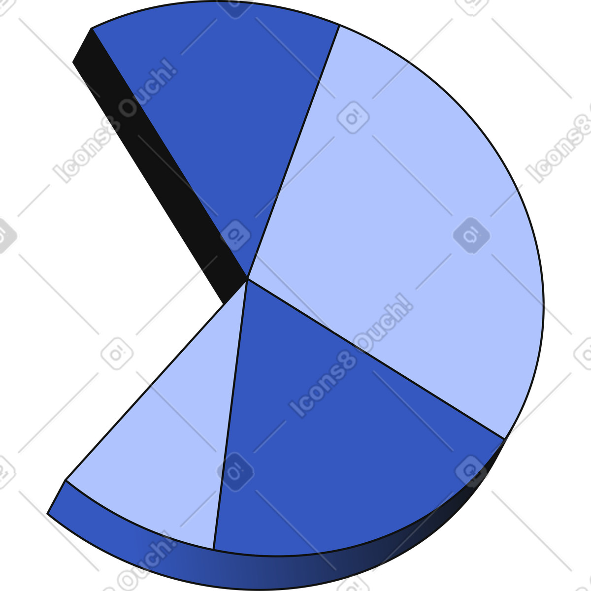 Pie chart with blue segmented slices for data analytics illustration in Techny style download in PNG, SVG