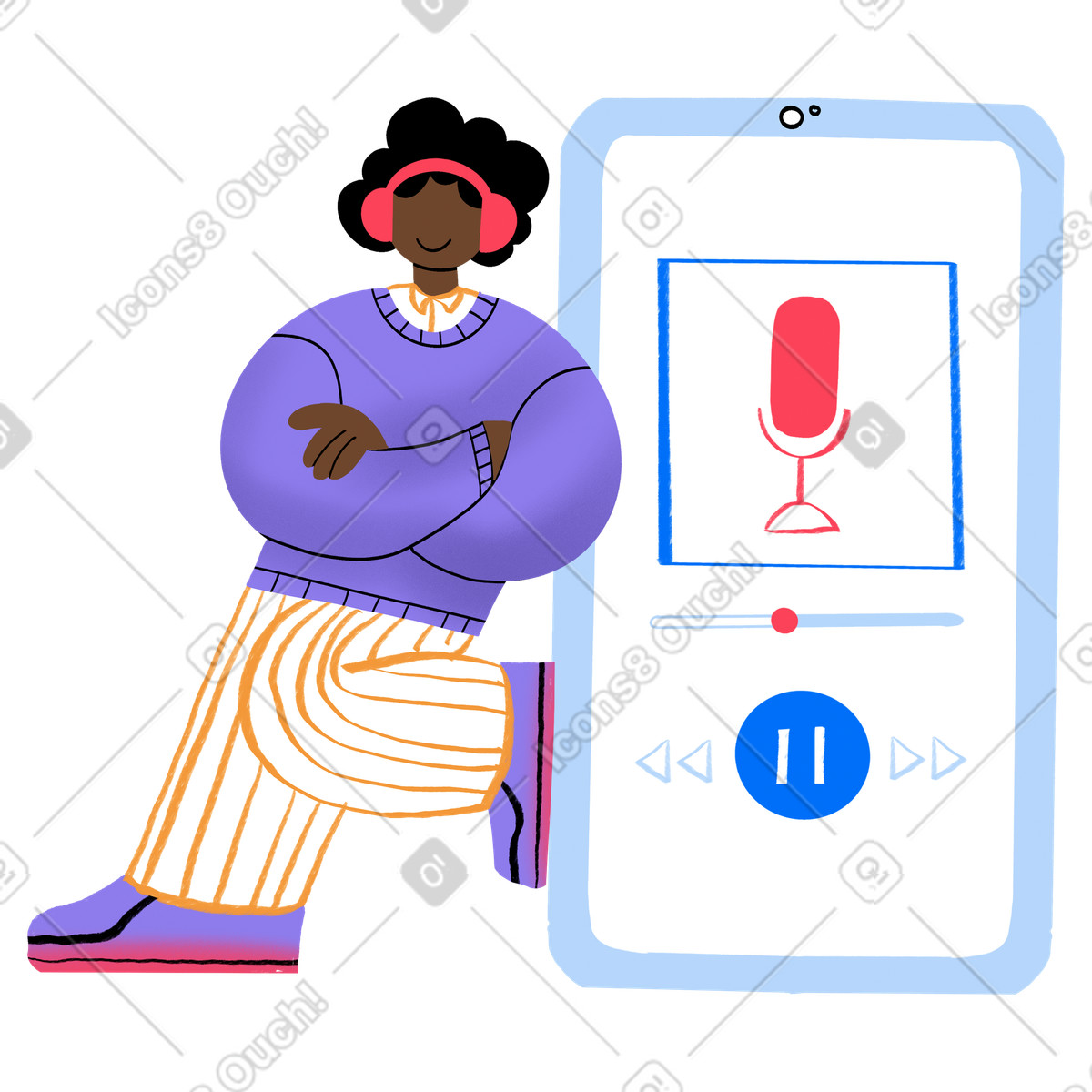 Ilustración Persona escuchando podcast por teléfono en estilo Bonny a descargar en PNG y SVG