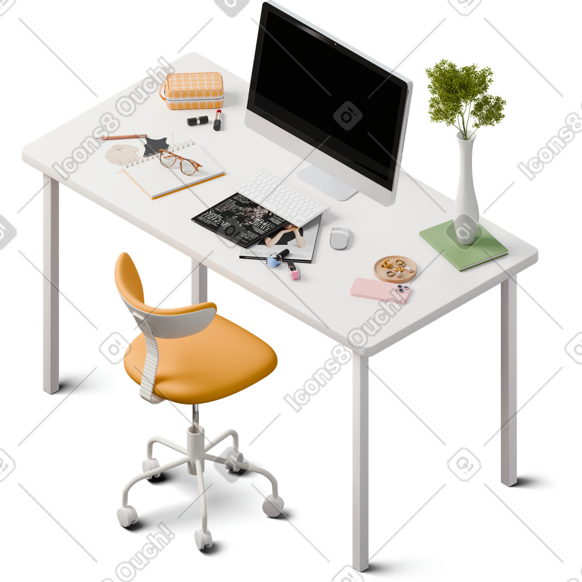 3D Hygge スタイルの Isometric view of desk with fashion magazine のイラストをPNG、SVG形式でダウンロード