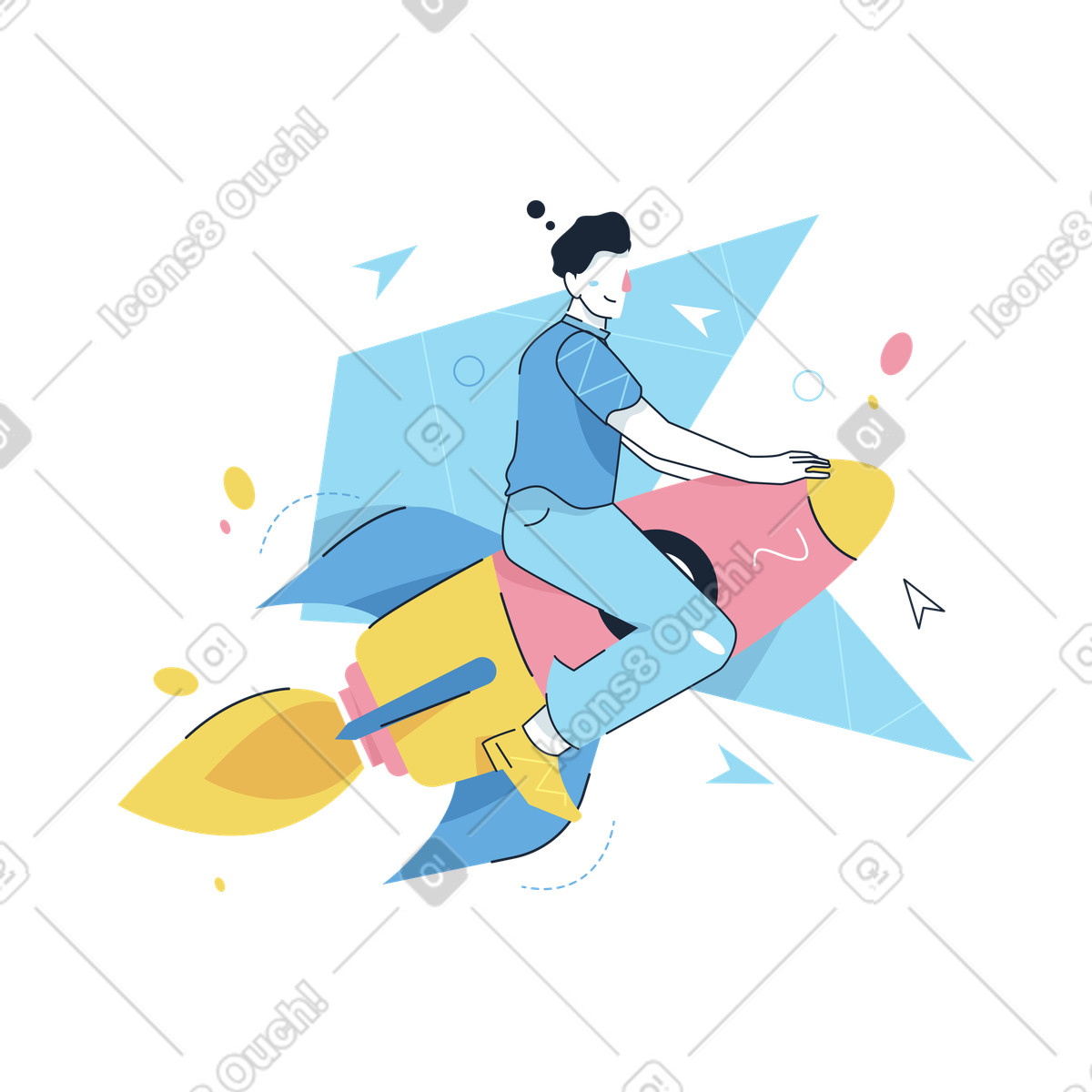Ilustração de Person riding rocket through geometric shapes em no estilo Work Hard para baixar em PNG, SVG