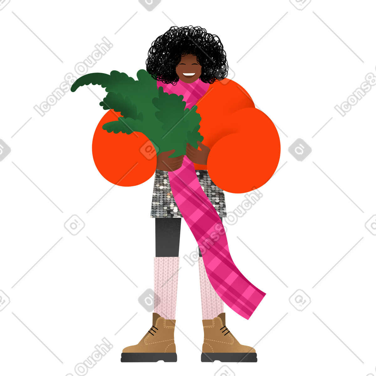 Smiling young woman holding fir branches illustration in Patchwork style download in PNG, SVG