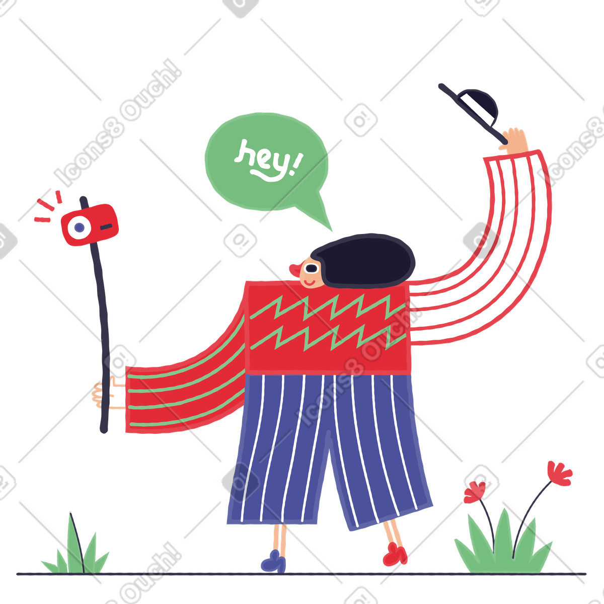 Blogger che si riprende dalla telecamera illustrazione in stile Stripy scarica in PNG, SVG