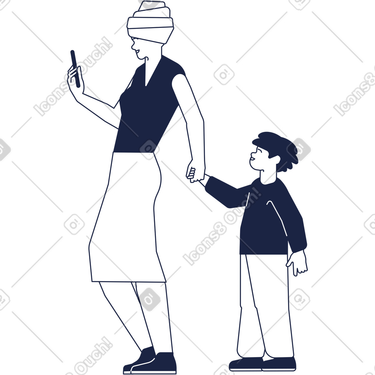Illustration Mère africaine avec smartphone dans sa main tient la de l'enfant le style Urban Line à télécharger aux formats PNG, SVG