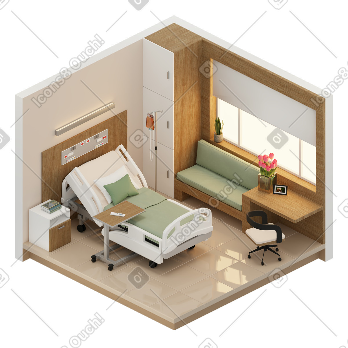 Isometrisches krankenhauszimmer-Illustration im 3D Rooms-Stil als Download in PNG, SVG