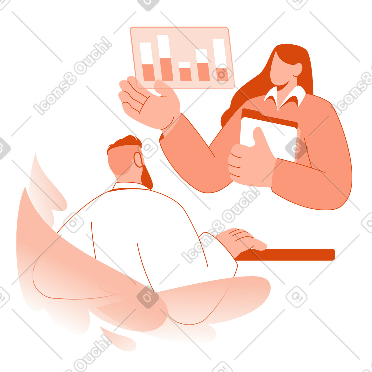 Illustration Colleagues discussing business analytics, staff development and instruction dans le style Orange à télécharger aux formats PNG, SVG