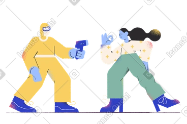 Man in chemical protective suit measuring woman's temperature PNG, SVG