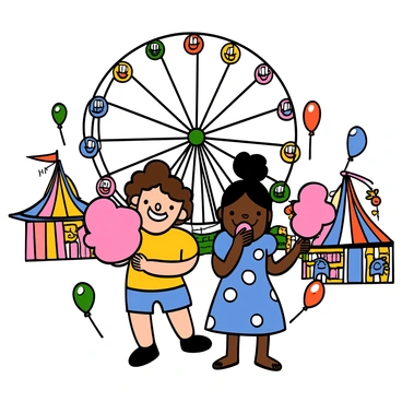 A vibrant carnival scene filled with excitement. In the background, a large, colorful ferris wheel spins, its bright lights sparkling against the sky. In the foreground, two children are happily enjoying fluffy pink cotton candy. The first child has light skin and curly brown hair, wearing a yellow t-shirt and blue shorts. The second child has dark skin and straight black hair, wearing a blue dress with white polka dots. They both have big smiles on their faces as they share a moment of joy amidst the lively atmosphere of the carnival. Various colorful booths and balloons are scattered throughout the scene, adding to the festive ambiance.