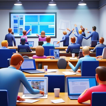 A bustling newsroom filled with journalists actively working on breaking news stories. There are several reporters typing on laptops, deeply focused on their screens. A large wall-mounted monitor displays live news updates and headlines. In the background, a group of journalists is engaged in a discussion, pointing at documents and taking notes. The atmosphere is lively, with stacks of papers and coffee cups scattered across desks. Bright overhead lights illuminate the workspace, enhancing the sense of urgency and activity.