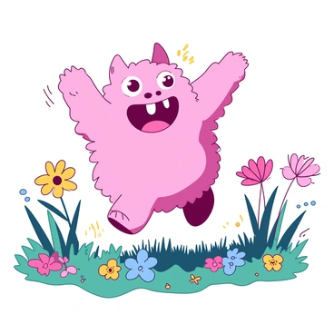 A pink cartoonish monster with big, sparkling eyes and a wide smile is playfully jumping in a colorful meadow filled with vibrant flowers. The meadow features tall green grass and various blooms in shades of yellow and blue. The monster's fluffy body is covered in soft fur, and its little arms are raised in joy as it leaps among the blossoms. The sunlight casts a warm glow over the scene, enhancing the cheerful atmosphere.