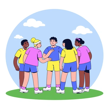 A group of five athletes huddled closely together on a grassy field. They are wearing matching uniforms in vibrant colors. One athlete is standing in the center, passionately gesturing with their hands while the others listen intently. The teammates have focused expressions on their faces, showing determination and unity. In the background, a bright blue sky with a few fluffy white clouds is visible above the field.