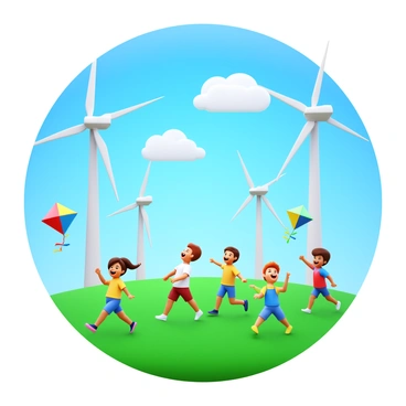 A vibrant field with children flying kites, each kite displaying different colors and patterns. The children are laughing and running with joy, their hair and clothes fluttering in the wind. Surrounding the field, tall wind turbines are prominently featured, their blades spinning smoothly in the breeze. The sky above is bright blue with a few fluffy white clouds, enhancing the cheerful atmosphere.