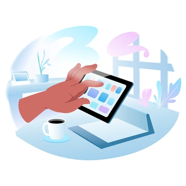 A right hand swiping on a tablet screen in a modern workspace.
