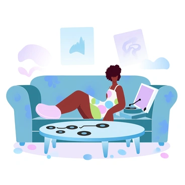 A black girl with an afro hairstyle is sitting on a retro couch upholstered in vibrant floral fabric. She is wearing a colorful 70s-style dress with large geometric patterns. Beside her on a small side table is a vintage record player, with a record spinning on top. The room is decorated with wall art featuring abstract designs and has soft lighting that enhances the cozy atmosphere. A few vinyl records are scattered around, creating a nostalgic vibe.