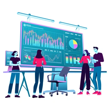 A large screen occupies the center of a sleek, modern fintech office, showcasing complex data analysis with vibrant graphs and numerical data. Colorful trend lines and pie charts are layered over a digital grid background, creating an intricate visual representation of financial metrics. A diverse group of professionals, including a woman with glasses and a man with a tablet, stands nearby, discussing the data intently. Soft, diffused lighting from overhead fixtures illuminates the scene, highlighting the intense focus on the screen's information. Desks with high-tech monitors and financial reports are visible in the background, underscoring the bustling environment of the firm.