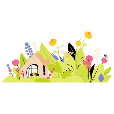 A miniature garden featuring small, vibrant flowers in various colors, including pink, yellow, and purple. The garden is dotted with green foliage and tiny leaves. There is a small, charming home for fairies made of twigs and leaves, nestled among the flowers. The home has delicate, intricate details, such as a tiny door and windows. A few fairies with gossamer wings can be seen near the house, engaging in playful activities. The overall scene is filled with a sense of whimsy and enchantment.