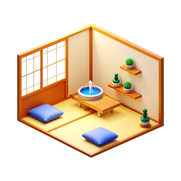 A chambre designed for relaxation with "tatami mats" covering the floor. There is a "small indoor water fountain" in one corner, with gently splashing water creating a soothing atmosphere. Soft, natural lighting filters through "shoji screens," casting delicate shadows on the mats. A few "plush cushions" are arranged around a low table, inviting comfort and tranquility. On the walls, there are "simple wooden shelves" holding "potted plants" that add a touch of nature to the space.