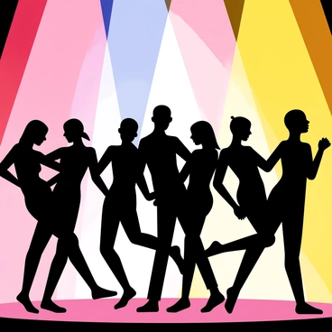 Silhouettes of dancers in dynamic poses, showcasing various dance styles. The dancers are positioned center stage, with their arms and legs extended, creating striking shapes against a backdrop of bright stage lights. The lights are in vibrant hues of pink, blue, and yellow, illuminating the edges of the dancers' forms. The scene captures the energy and movement of the performance, emphasizing the contrast between the dark silhouettes and the colorful lights.