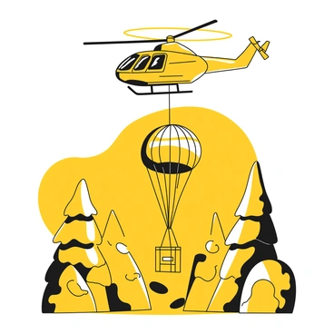 A helicopter hovering above a rugged landscape, surrounded by dense trees and rocky terrain. The helicopter has a sleek design, with its rotors spinning rapidly. Below the helicopter, a parachute is deployed, gracefully descending towards the ground. The package attached to the parachute is box-shaped, suspended in mid-air as it approaches the earth. The sky above is clear, allowing for bright visibility of the scene.