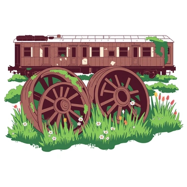 Two weathered train wheels, covered in rust and moss, are resting on a bed of tall green grass in an overgrown trainyard. Surrounding the wheels, wildflowers in various colors are blooming, adding splashes of color amidst the greenery. In the background, there are dilapidated wooden train cars with peeling paint, partially hidden by creeping vines and foliage. The trainyard is bathed in soft natural light, highlighting the textures of the rusted metal and the vibrant plants growing around the wheels.