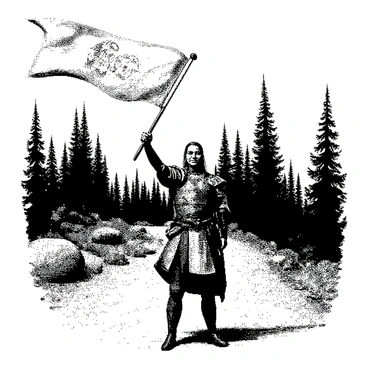 A character stands confidently at the end of a winding quest path. They are striking a victory pose with one arm raised, holding a flag high. The character is wearing a detailed outfit, complete with armor and accessories that reflect their adventurous journey. Their expression shows determination and pride. The path behind them is lined with trees and rocks, emphasizing the journey they've completed. The flag is billowing in the wind, adorned with distinct symbols that represent their achievements.