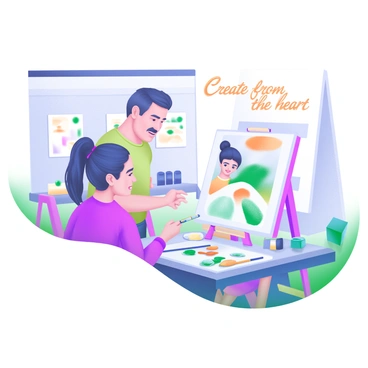 A scene depicting a mentor and a young artist engaged in painting on a canvas. The mentor, a middle-aged person with short, dark hair, is standing beside the young artist, offering guidance. The young artist, a teenager with long hair in a bun, is focused on the canvas. The canvas is filled with colorful brush strokes. There are paint tubes, brushes, and a palette scattered on the table in front of them. Surrounding them is a bright, well-lit studio with various art supplies and completed artworks on display. "Create from the heart" is written on the wall behind them in elegant letters.