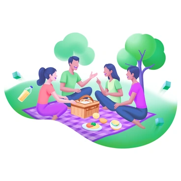 A modern pastel illustration depicting a group of five coworkers enjoying a picnic lunch in a park. They are seated on a checkered blanket with a picnic basket and plates of food in front of them. Each person is smiling and engaged in conversation. Surrounding them is vibrant green grass, with trees in the background creating a lush, natural atmosphere. A few colorful picnic items, such as a bottle of lemonade and fruit, are scattered on the blanket, enhancing the cheerful vibe of the scene.