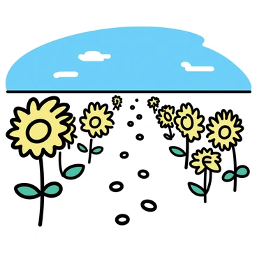 "Footprints" leading through a vast field filled with bright yellow "sunflowers" swaying gently in a light breeze. The "sunflowers" stand tall, their faces turned towards the sun, creating a vibrant landscape. In the distance, a "clear blue sky" stretches overhead, with a few wisps of white clouds creating a serene backdrop. The "footprints" trail off towards the horizon, inviting exploration.