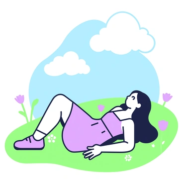 A girl is lying on her back in a grassy field. She has long hair spread out around her head and is wearing a light summer dress. Her arms are resting comfortably at her sides as she gazes up at the sky. Above her, fluffy clouds are drifting lazily across the blue expanse. The sunlight casts gentle shadows on her face, highlighting her relaxed expression. In the background, a few wildflowers can be seen dotting the grass, adding a touch of texture to the scene.